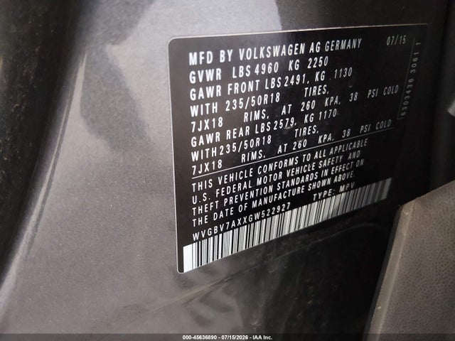 2016 Volkswagen Tiguan Se მანქანა იყიდება აუქციონზე, vin: WVGBV7AXXGW522927, აუქციონის ნომერი: 45636890