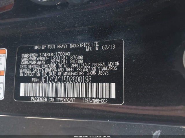 45636891 :رقم المزاد ، JF1ZCAC15D2608198 vin ، 2013 Subaru Brz Limited مزاد بيع