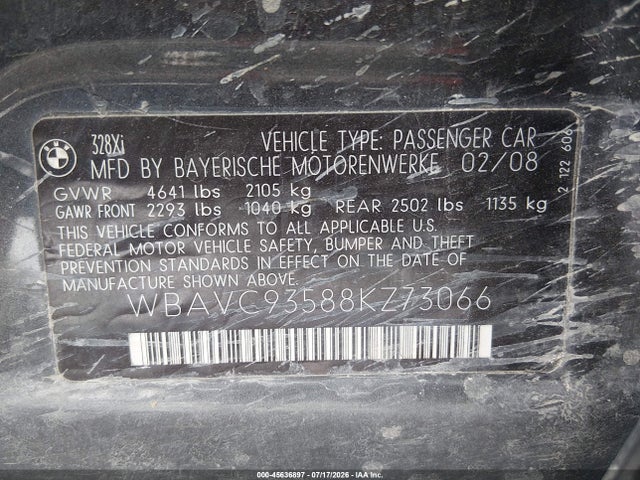 Aukcja sprzedaży 2008 Bmw 328xi, vin: WBAVC93588KZ73066, numer aukcji: 45636897