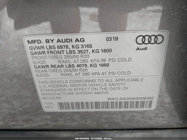45636898 :رقم المزاد ، WA1LAAGE6KB008283 vin ، 2019 Audi E-tron Premium Plus مزاد بيع