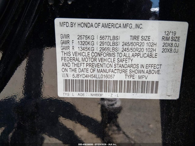2020 Acura Mdx Technology Package მანქანა იყიდება აუქციონზე, vin: 5J8YD4H54LL016057, აუქციონის ნომერი: 45636899