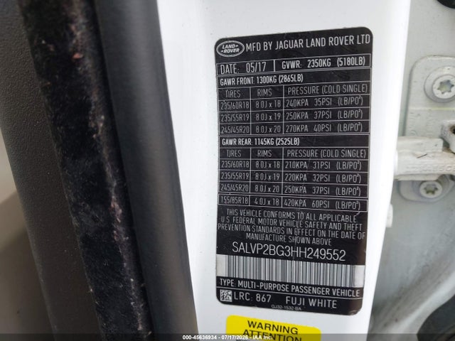 Aukcja sprzedaży 2017 Land Rover Range Rover Evoque Se/se Premium, vin: SALVP2BG3HH249552, numer aukcji: 45636934