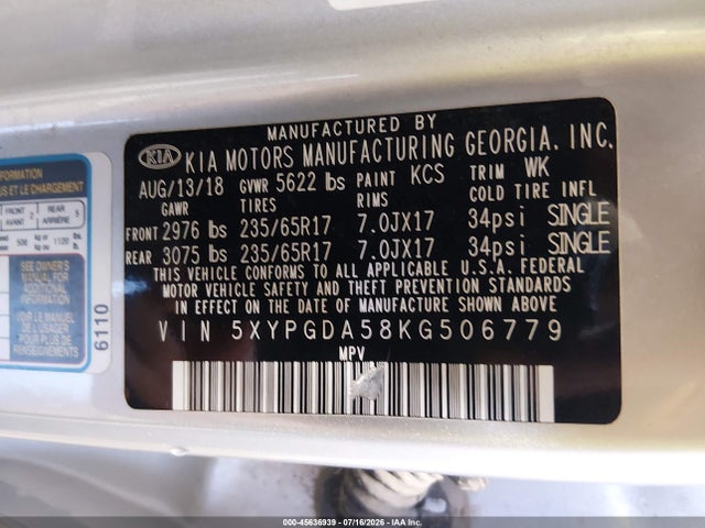 45636939 :رقم المزاد ، 5XYPGDA58KG506779 vin ، 2019 Kia Sorento 3.3l Lx مزاد بيع