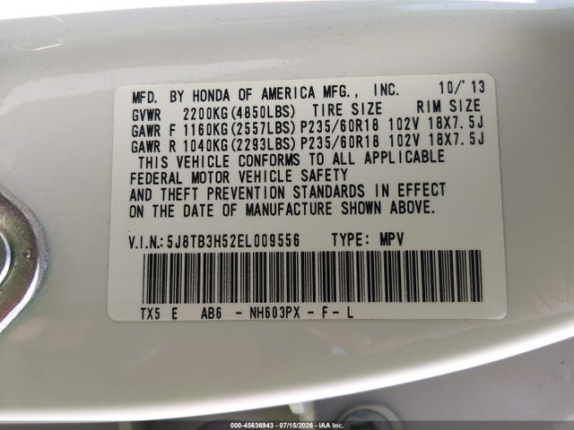45636943 :رقم المزاد ، 5J8TB3H52EL009556 vin ، 2014 Acura Rdx مزاد بيع