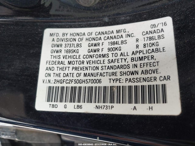 Продаж на аукціоні авто 2016 Honda Civic Lx, vin: 2HGFC2F50GH570006, номер лоту: 45636945