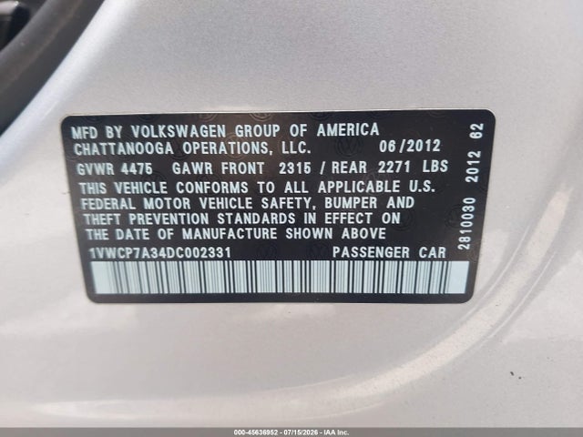2013 Volkswagen Passat 2.5l Sel Premium მანქანა იყიდება აუქციონზე, vin: 1VWCP7A34DC002331, აუქციონის ნომერი: 45636952