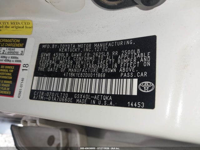 Продаж на аукціоні авто 2013 Toyota Avalon Xle Touring, vin: 4T1BK1EB2DU011868, номер лоту: 45636955