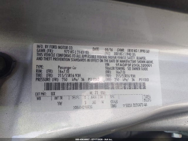 1FADP3F23GL320001 Ford FOCUS SE