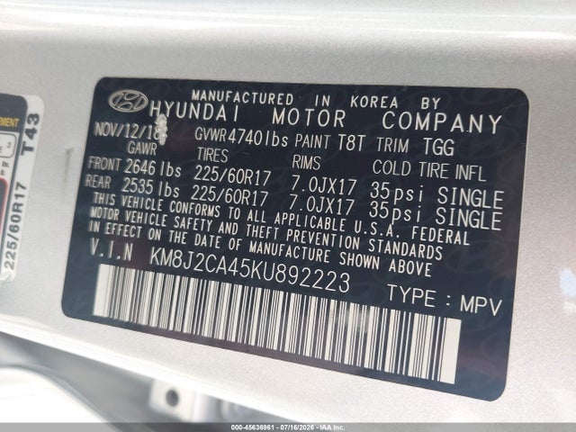 2019 Hyundai Tucson Se მანქანა იყიდება აუქციონზე, vin: KM8J2CA45KU892223, აუქციონის ნომერი: 45636961