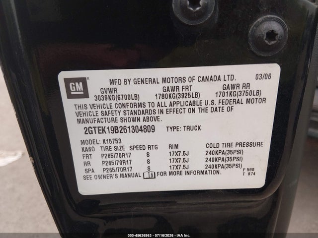 45636963 :رقم المزاد ، 2GTEK19B261304809 vin ، 2006 Gmc Sierra 1500 Sle2 مزاد بيع