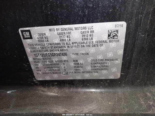 Aukcja sprzedaży 2016 Gmc Sierra 2500hd Denali, vin: 1GT12UEG5GF247436, numer aukcji: 45636971