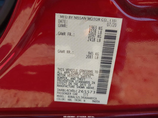 45636981 :رقم المزاد ، 1N4BL4CV0LC265573 vin ، 2020 Nissan Altima Sr Fwd مزاد بيع