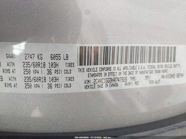 Продаж на аукціоні авто 2017 Chrysler Pacifica Limited, vin: 2C4RC1GG9HR747928, номер лоту: 45636989