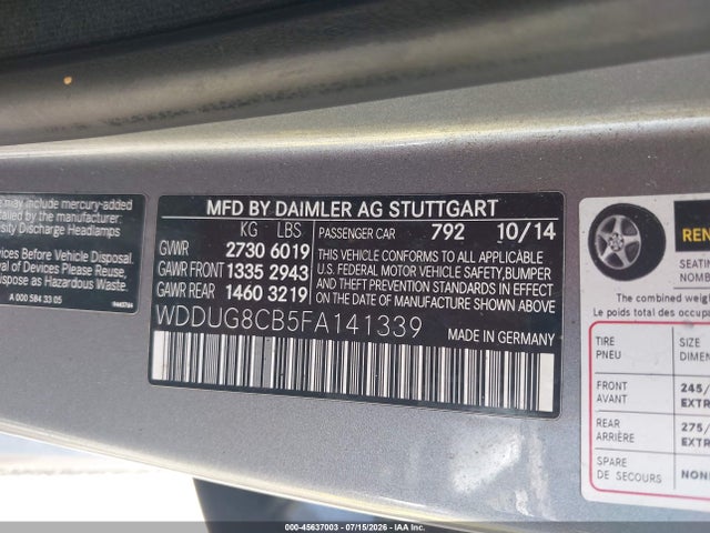 Продаж на аукціоні авто 2015 Mercedes-benz S 550, vin: WDDUG8CB5FA141339, номер лоту: 45637003