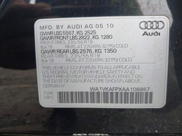 Продаж на аукціоні авто 2010 Audi Q5 3.2 Premium, vin: WA1VKAFPXAA108867, номер лоту: 45637009