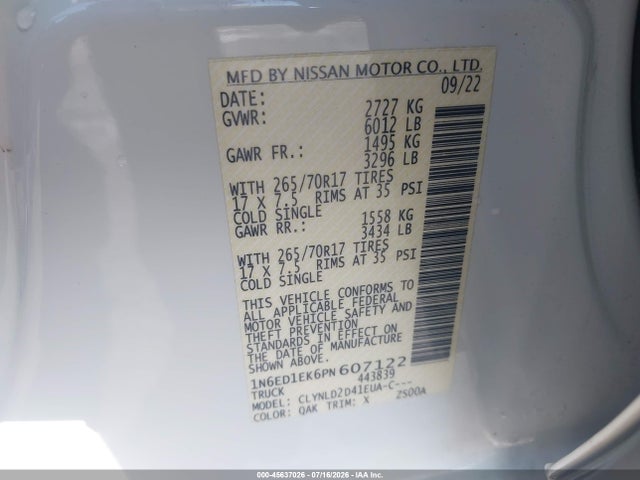 Продажа на аукционе авто 2023 Nissan Frontier Pro-4x 4x4, vin: 1N6ED1EK6PN607122, номер лота: 45637026