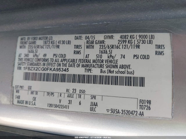 45637037 :رقم المزاد ، 1FBZX2CG0FKA95345 vin ، 2015 Ford Transit-350 Xlt مزاد بيع