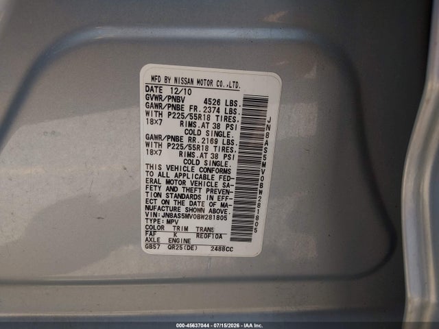Aukcja sprzedaży 2011 Nissan Rogue Sv, vin: JN8AS5MV0BW281805, numer aukcji: 45637044