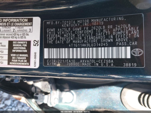 45637068 :رقم المزاد ، 4T1G11AK9LU314045 vin ، 2020 Toyota Camry Se مزاد بيع