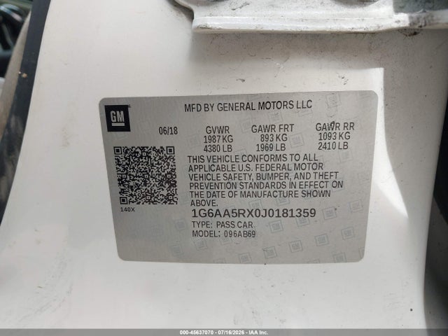45637070 :رقم المزاد ، 1G6AA5RX0J0181359 vin ، 2018 Cadillac Ats Standard مزاد بيع