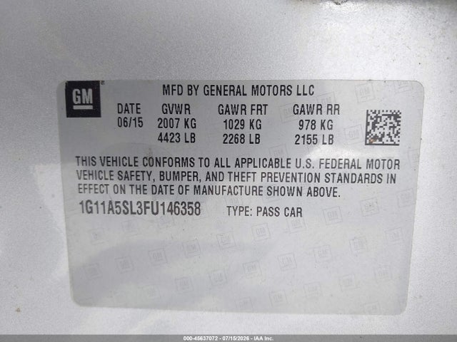 2015 Chevrolet Malibu 1fl მანქანა იყიდება აუქციონზე, vin: 1G11A5SL3FU146358, აუქციონის ნომერი: 45637072