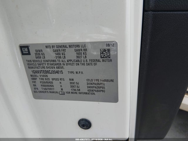 2012 Gmc Acadia Denali მანქანა იყიდება აუქციონზე, vin: 1GKKVTED6CJ394615, აუქციონის ნომერი: 45637073