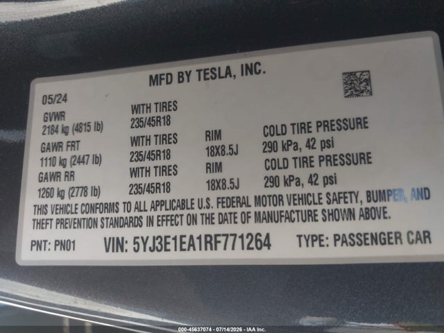 45637074 :رقم المزاد ، 5YJ3E1EA1RF771264 vin ، 2024 Tesla Model 3 Long Range Dual Motor All-wheel Drive/rear-wheel Drive مزاد بيع