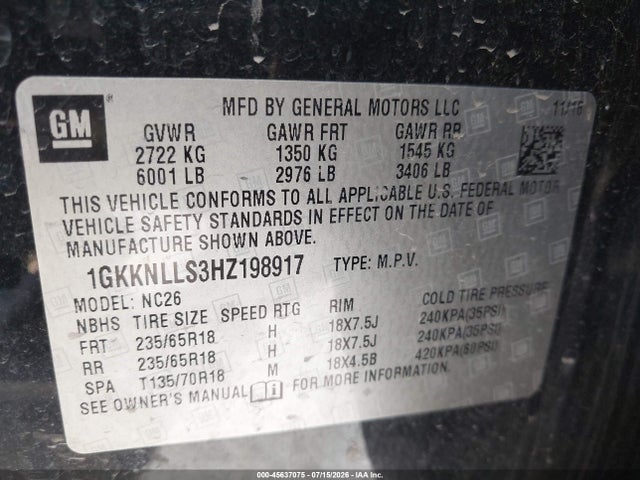 Продаж на аукціоні авто 2017 Gmc Acadia Sle-2, vin: 1GKKNLLS3HZ198917, номер лоту: 45637075