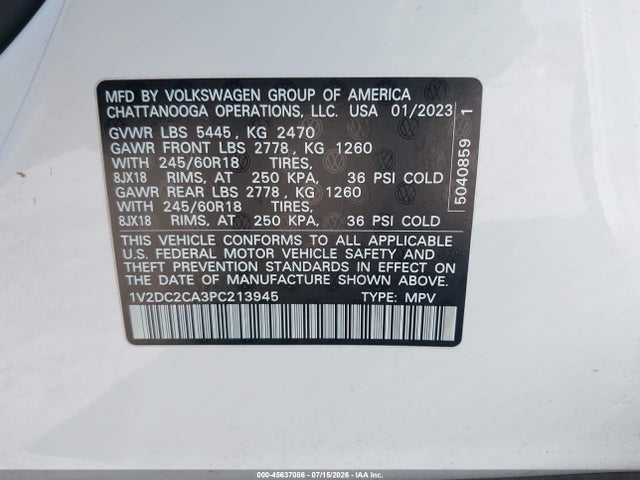 2023 Volkswagen Atlas Cross Sport 2.0t Se მანქანა იყიდება აუქციონზე, vin: 1V2DC2CA3PC213945, აუქციონის ნომერი: 45637086