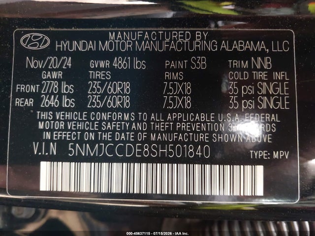 Продажа на аукционе авто 2025 Hyundai Tucson Sel Convenience, vin: 5NMJCCDE8SH501840, номер лота: 45637115