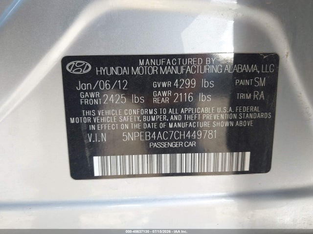 45637130 :رقم المزاد ، 5NPEB4AC7CH449781 vin ، 2012 Hyundai Sonata Gls مزاد بيع