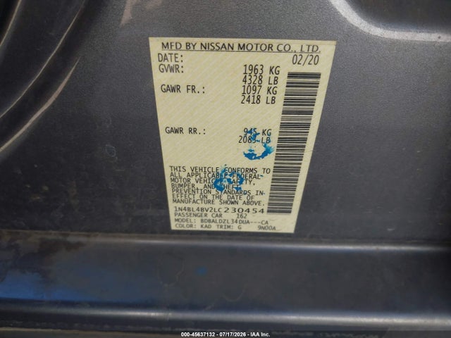 Auction sale of the 2020 Nissan Altima S Fwd, vin: 1N4BL4BV2LC230454, lot number: 45637132