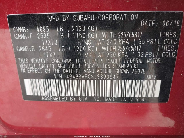 Aukcja sprzedaży 2018 Subaru Outback 2.5i Premium, vin: 4S4BSAFCXJ3393947, numer aukcji: 45637151