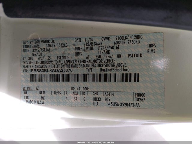 Продажа на аукционе авто 2010 Ford E-350 Super Duty Xl/xlt, vin: 1FBSS3BLXADA25370, номер лота: 45637152