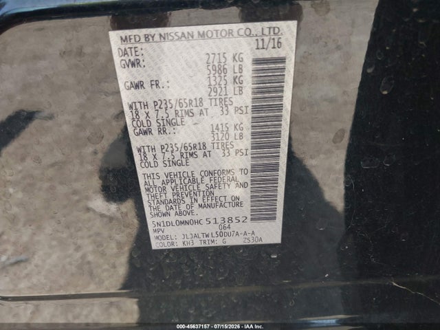 45637157 :رقم المزاد ، 5N1DL0MN0HC513852 vin ، 2017 Infiniti Qx60 مزاد بيع