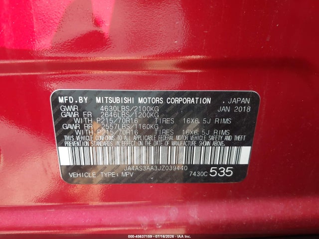 2018 Mitsubishi Eclipse Cross Es მანქანა იყიდება აუქციონზე, vin: JA4AS3AA3JZ039440, აუქციონის ნომერი: 45637159
