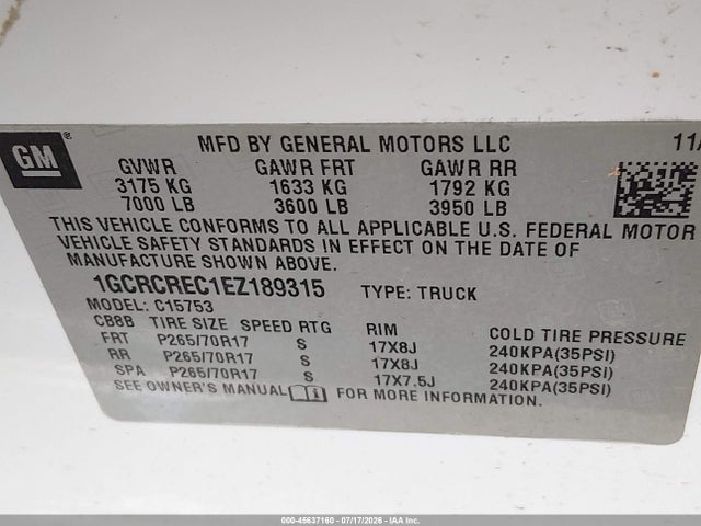 1GCRCREC1EZ189315 Chevrolet Silverado 1500 Lt