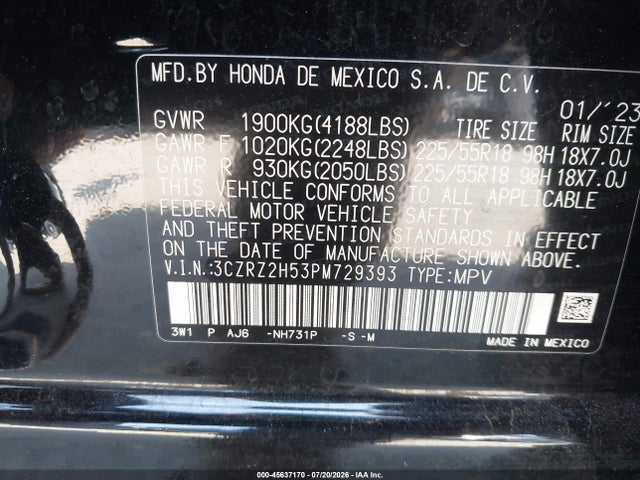 Aukcja sprzedaży 2023 Honda Hr-v Awd Sport, vin: 3CZRZ2H53PM729393, numer aukcji: 45637170