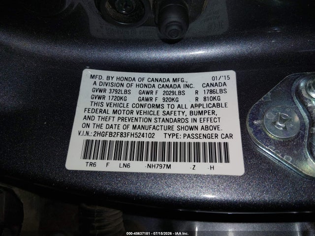 Honda CIVIC EX 2015 2HGFB2F83FH524102 Image 9