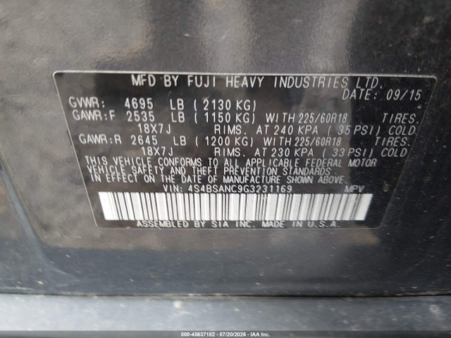 Продаж на аукціоні авто 2016 Subaru Outback 2.5i Limited, vin: 4S4BSANC9G3231169, номер лоту: 45637182