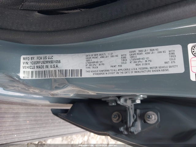 45637196 :رقم المزاد ، 1C6SRFU92MN901056 vin ، 2021 Ram 1500 Trx  4x4 5'7 Box مزاد بيع