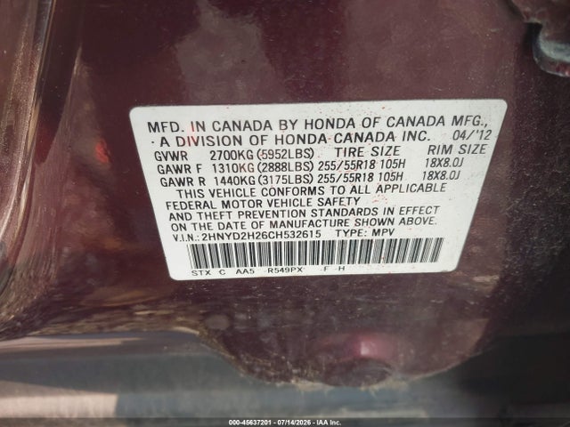 Aukcja sprzedaży 2012 Acura Mdx, vin: 2HNYD2H26CH532615, numer aukcji: 45637201