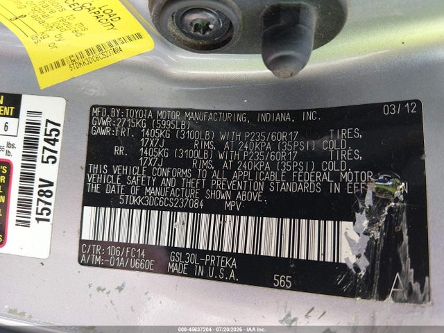 45637204 :رقم المزاد ، 5TDKK3DC6CS237084 vin ، 2012 Toyota Sienna Le V6 8 Passenger مزاد بيع