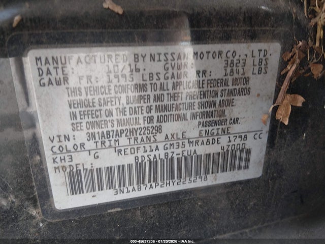45637206 :رقم المزاد ، 3N1AB7AP2HY225298 vin ، 2017 Nissan Sentra S مزاد بيع