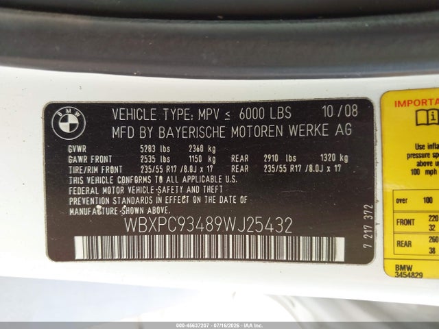 Aukcja sprzedaży 2009 Bmw X3 Xdrive30i, vin: WBXPC93489WJ25432, numer aukcji: 45637207