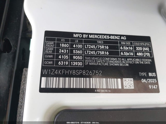 Продаж на аукціоні авто 2025 Mercedes-benz Sprinter 2500 Standard Roof 4-cyl Diesel, vin: W1Z4KFHY8SP826752, номер лоту: 45637210