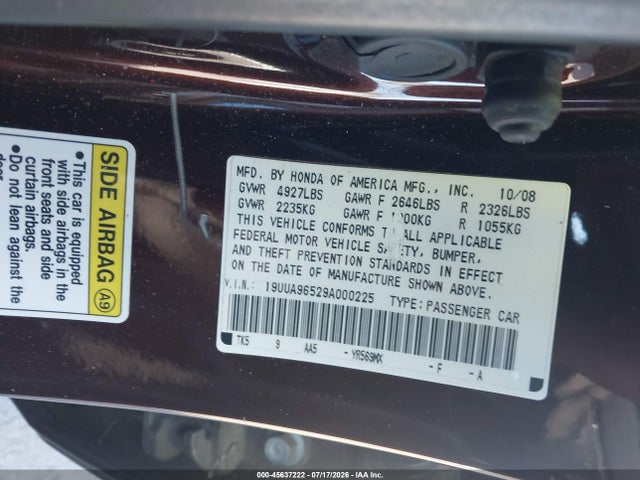 45637222 :رقم المزاد ، 19UUA96529A000225 vin ، 2009 Acura Tl 3.7 مزاد بيع