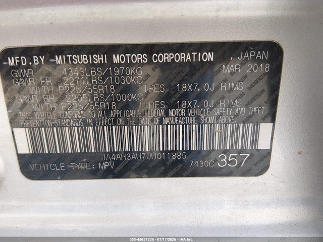 Aukcja sprzedaży 2018 Mitsubishi Outlander Sport 2.0 Es, vin: JA4AR3AU7JU011885, numer aukcji: 45637228