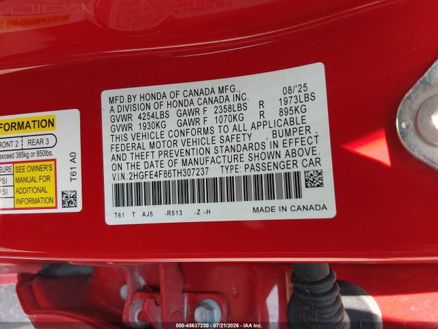 45637230 :رقم المزاد ، 2HGFE4F86TH307237 vin ، 2026 Honda Civic Hybrid Sport/sport Touring مزاد بيع