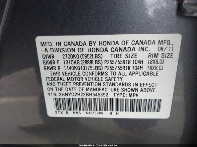 Продаж на аукціоні авто 2011 Acura Mdx, vin: 2HNYD2H22BH545392, номер лоту: 45637243